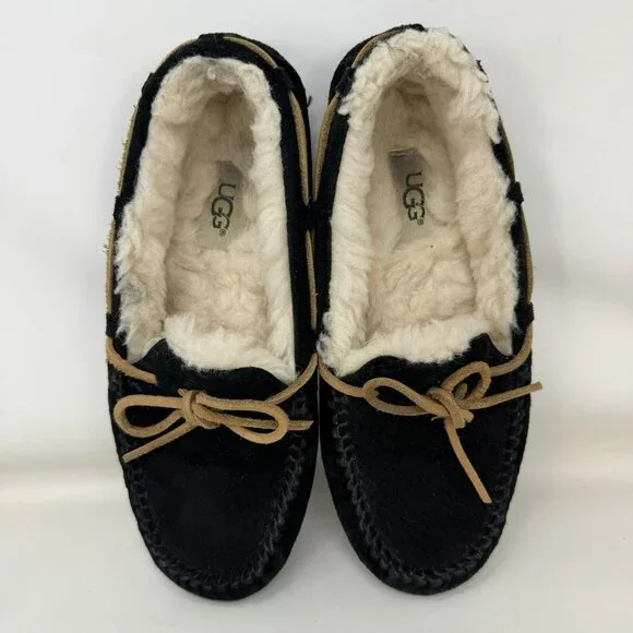 Ugg Dakota Shearling Lined Suede Slippers Moccasins Black Women’s Size 6 - Picture 5 of 6